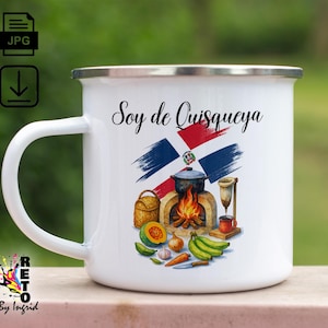May include: White enamel mug with a silver rim featuring a Dominican Republic flag design and the text "Soy de Quisqueya." The mug showcases a vibrant illustration of a cooking scene with a pot, fire, and various fruits and vegetables.