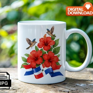 Plantilla de taza dominicana: Hibiscus y bandera (descarga numérique JPG, 11 oz, 9,5 x 21 cm)