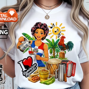 May include: White t-shirt featuring a colorful illustration of a woman pouring coffee, with Dominican Republic flag colors. Includes musical notes, a rooster, and the text "I Love Dominican Republic". Digital download, PNG.