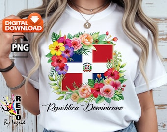 Dominican Flag with Tropical Flowers PNG for Sublimation & DTF