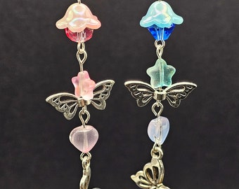 Butterfly phone charm, handmade cute keychain, glass flower flower purse charm with heart , pink and blue keychain, gifts for her