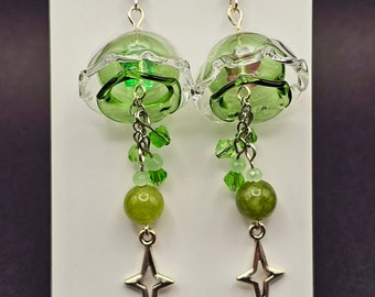 Green jellyfish earrings, handmade cute dangle drop earrings, glass jellyfish, flower earrings with iridescent stars, sea creature,aqua gift