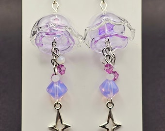 Purple jellyfish earrings, handmade cute dangle drop earrings, glass jellyfish, flower earrings with iridescent stars,sea creature,aqua gift