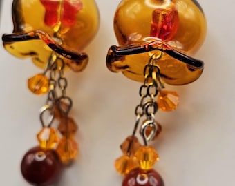 Orange/red jellyfish earrings, handmade cute dangle drop earrings, glass jellyfish, flower earrings with iridescent stars, sea creature,aqua