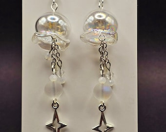 Iridescent jellyfish earrings, handmade cute dangle drop earrings,glass jellyfish, flower earrings with stars,sea creature,aquatic, stirling