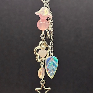 Pink flower phone charm, handmade cute keychain, glass purse charm with jade bead, leaf and star keychain,nature fairy,leaf y2k,handmade