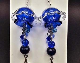 Blue jellyfish earrings, handmade cute dangle drop earrings, glass jellyfish, flower earrings with glass stars, sea creature,aquatic gift