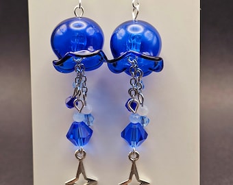 jellyfish earrings, handmade cute dangle drop earrings,glass moon jellyfish,flower earrings with iridescent stars,seacreature,aquatic,silver