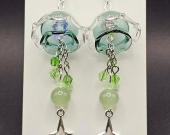 Green jellyfish earrings, handmade cute dangle drop earrings, glass jellyfish, flower earrings with glass stars, sea creature,aquatic gift
