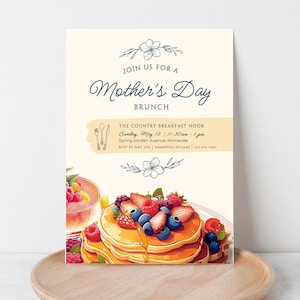 Brunchuitnodiging voor Moederdag Pannenkoekenontbijt Canva-sjabloon Afdrukbare kaart
