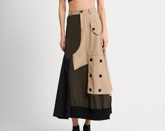 Asymmetric Maxi Skirt with Pockets in Black and Beige for Womens- High Waisted Long Skirt- Party Design Skirt- Patchwork Skirt -Unique Gift