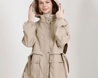 Beige Oversize Hooded Raincoat with Big Front Pocket and Button Snaps Front - Women's Rain Jacket - Stylish Outerwear - Rainy Day Fashion