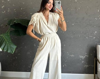 Womens Linen Pantsuit- Beige Linen Palazzo Pants with Elastic Waistband Matching with Ruched Shoulder V-neck Blouse- Wide Leg Pants