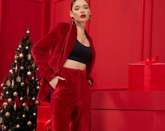 Red Velvet Suit for Women- Single Breasted Blazer Coat and High-Waisted Trousers - Womens Tuxedo- Pantsuit- Christmas Gift for Her