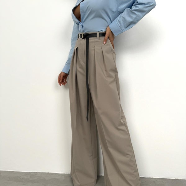 Gray Pleated Pants with Pocket for Women - Stylish and Comfortable Wide Leg Trousers- High Waist Trousers- Loose Fit Pants