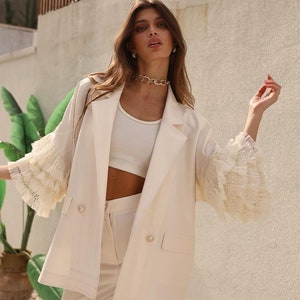 Ecru Linen Wedding Jacket with Lace Ruffle Sleeves for Women-Blazer with Elegant Collared Blazer Two Button Style- Ivory Cocktail Jacket