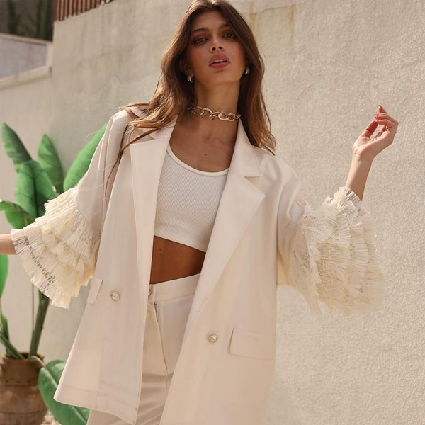 Ecru Linen Jacket with Lace Ruffle Sleeves for Women- Blazer with Elegant Collared and Two Button Style- Ivory Cocktail Wedding Jacket