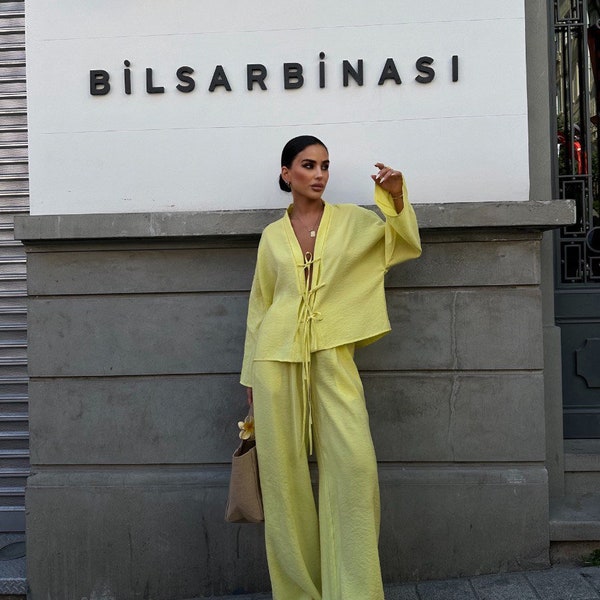 Yellow Linen Pants and Shirt Set for Women- Two Pieces Set; Palazzo Pants and Front Tie Loose fit Blouse- Summer Linen Set- Unique Gift