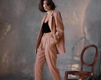 Women's Linen Pantsuit Set: Oversized Blazer Jacket and Relaxed Pants with Pocket - Beige Matching Suit- Blazer Trouser Set- Womens Clothing