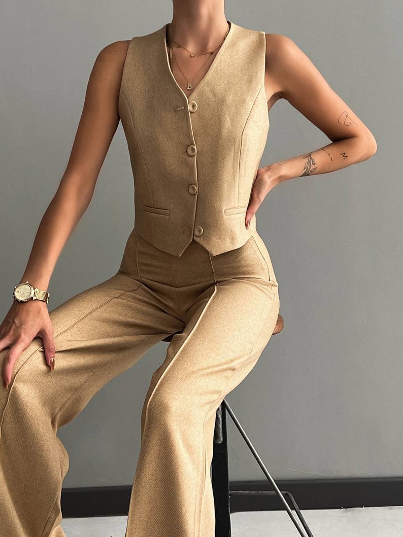 Woolblend Wideleg Pants and Vest Set Buttonup Sleeveless Vest in