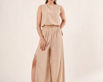 Two Piece Set Linen for Womens- Beige Linen Sleveless Crop Top and Side Slit Pants- High-waisted Elasticated Pants- Linen Outfit- Casual Set