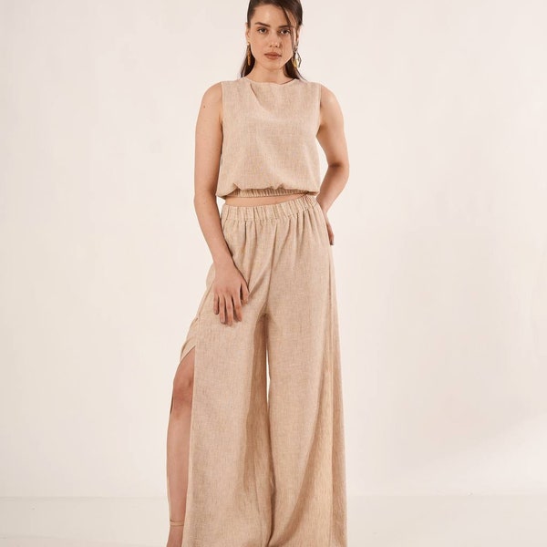 Two Piece Set Linen for Womens- Beige Linen Sleveless Crop Top and Side Slit Pants- High-waisted Elasticated Pants- Linen Outfit- Casual Set
