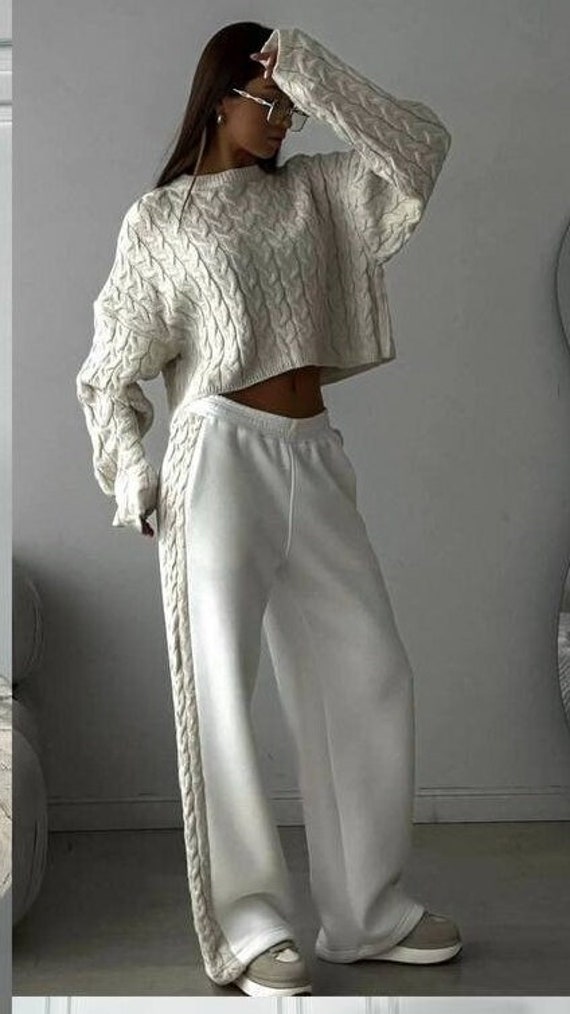 Knitted Pants and Sweater Set for Woman Cable Knit Sweater and Pants Loose  Fitting Fleece Lined Pants Set Street Style Warm Pants Set 