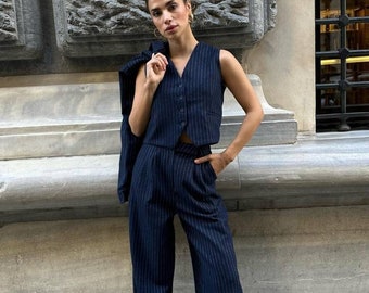 Navy Blue Wool Striped Three-Piece Suit: Women's Loose Fit Office Wear- Business Women Suit with Vest- Formal Meeting Suit