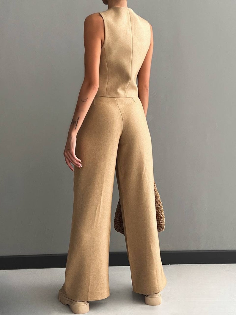 Woolblend Wideleg Pants and Vest Set Buttonup Sleeveless Vest in