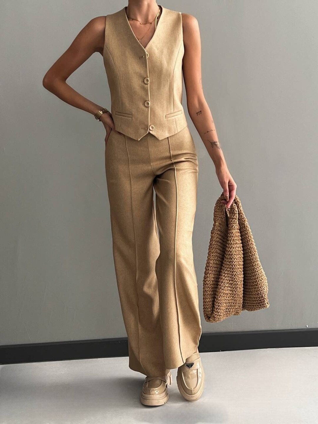 Woolblend Wideleg Pants and Vest Set Buttonup Sleeveless Vest in