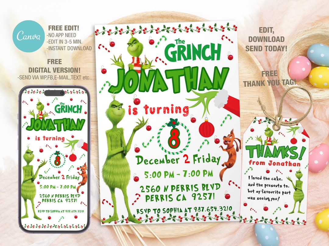 Editable the Grinch Birthday Invitation Template, Printable Birthday ...