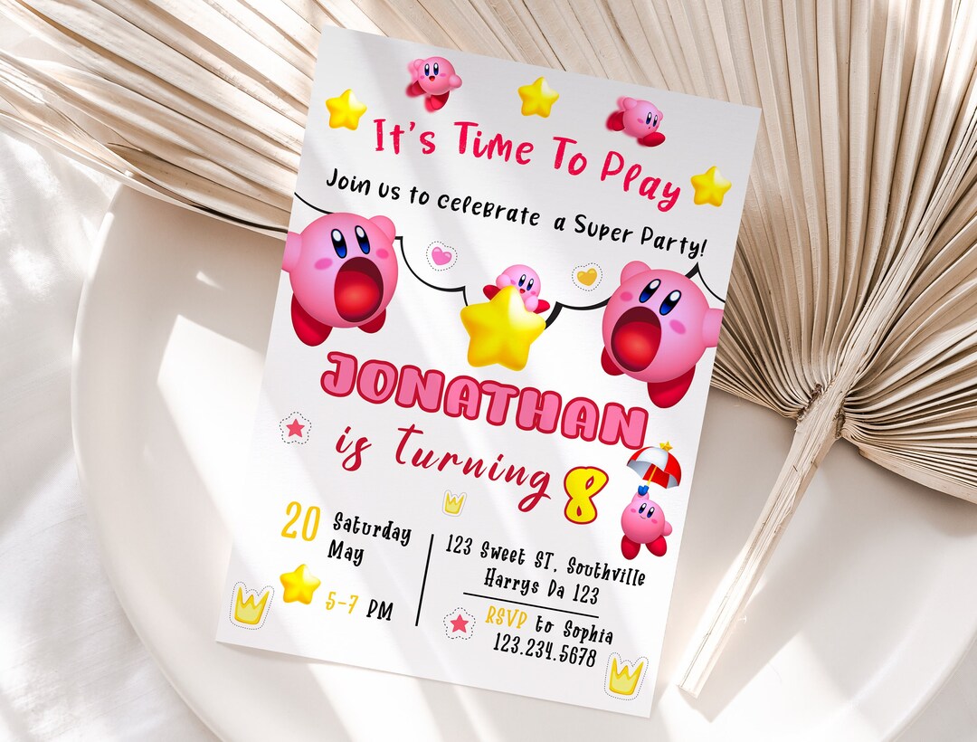 Editable Kirby Birthday Invitation Template, Printable Birthday Party
