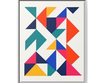 Lienzo abstracto geométrico / Arte mural moderno de mediados de siglo con colores vibrantes (24x30 cm, enmarcado)