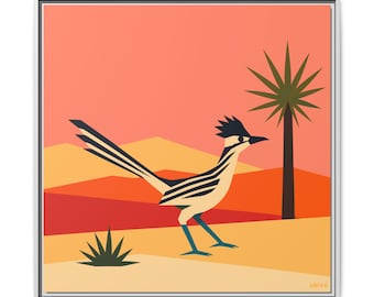 Lienzo impreso "Atardecer del Correcaminos", arte minimalista del desierto del suroeste, decoración de pared moderna de mediados de siglo.