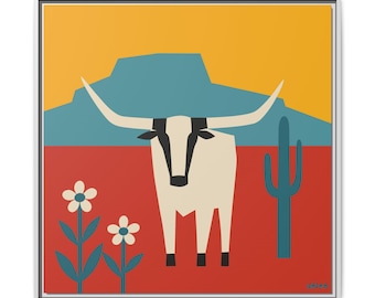Lienzo minimalista con estampado de cuernos largos / Arte de paisaje desértico del suroeste