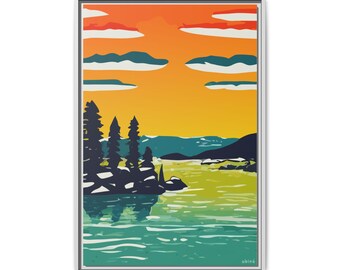 Lienzo impreso con diseño de puesta de sol en un lago de montaña, 24x30 cm. Arte mural de paisaje natural.
