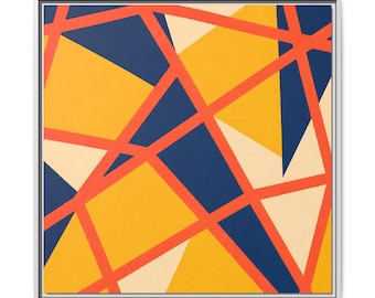 Cuadro geométrico en lienzo azul marino, amarillo dorado y coral, decoración abstracta moderna de mediados de siglo.