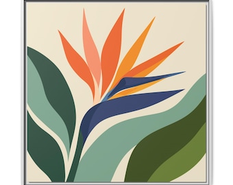 Lienzo con estampado de aves del paraíso, arte botánico tropical moderno de mediados de siglo.