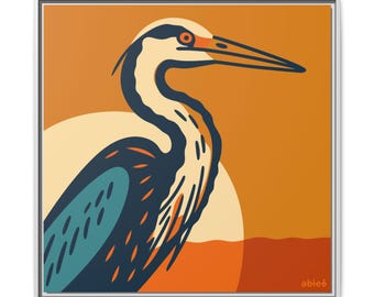 Cuadro de garza azul / Impresión en lienzo de aves costeras de mediados de siglo
