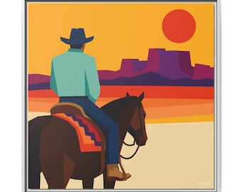 Lienzo impreso con estampado de vaquero, caballo y atardecer en el desierto / Arte moderno del suroeste americano