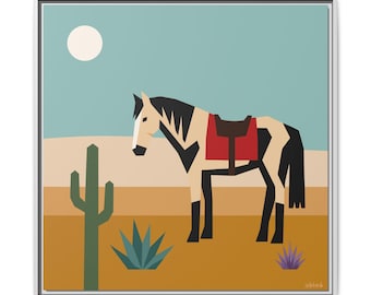 Lienzo con estampado de caballo del suroeste, arte occidental moderno de mediados de siglo, decoración del desierto de Arizona.