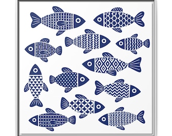 Lienzo impreso con diseño de peces escandinavos en azul marino, arte náutico costero (30x30)