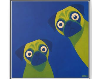 Lienzo con divertido diseño moderno de un carlino / Obra de arte original sobre mascotas, listo para colgar.