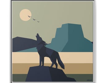Lámina artística "Lobo y Luna del Suroeste", paisaje desértico, decoración moderna de mediados de siglo.