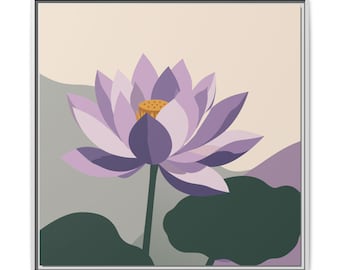 Lienzo impreso de loto morado, arte mural botánico minimalista, decoración floral moderna, obra de arte de loto lavanda.