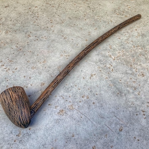 Long Stem Fantasy Wooden Wizard Tavern Tobacco Pipe Rustic Black and Natural (Shallow Tobacco Chamber)