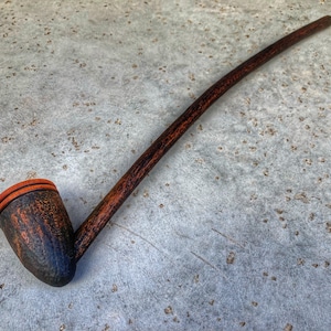 Long Stem Fantasy Wooden Wizard Tavern Tobacco Pipe Rustic Black and Tan with Rings (Shallow Tobacco Chamber)