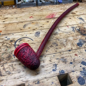 Handmade Long Stem Churchwarden Pipe: Rustic Black and Red Finish