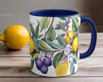 Lemon and Berry Coffee Mug | 11oz | Yellow Lemons, Blueberries | Fruit Design | Tea Cup | Citrus Theme, Summer Vibes | Farmhouse | Gift