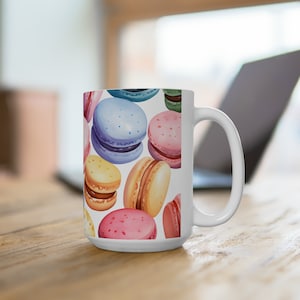 Watercolor Macarons Coffee  Mug | 15oz | Sweet Treats | Dessert Lover Gift | Tea Cup | Bakery | Pastel Colors | Whimsical Mug | Foodie Gift